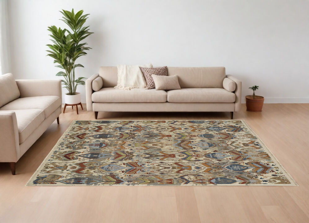 HomeRoots Wool Ikat Hand Knotted Area Rug With Fringe