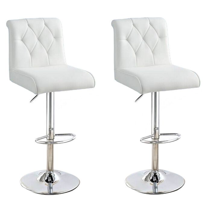 Adjustable Barstool with Rolled Button Tufted Back, Set of 2, White-Benzara