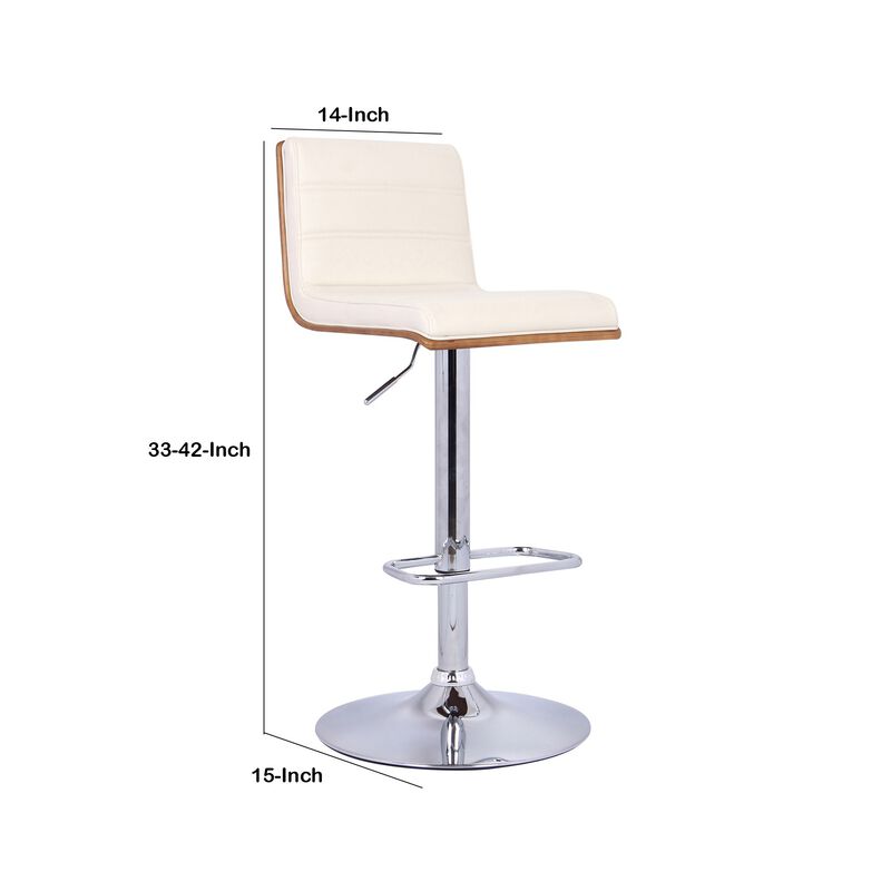 Wooden Support Faux Leather Barstool with Pedestal Base, Cream and Chrome - Benzara