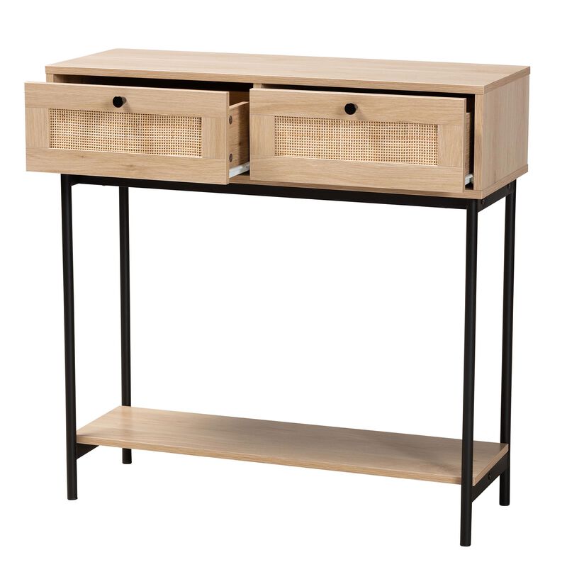 Baxton Studio Sherwin Light Brown And Black 2 Drawer Console Table With Woven Rattan Accent