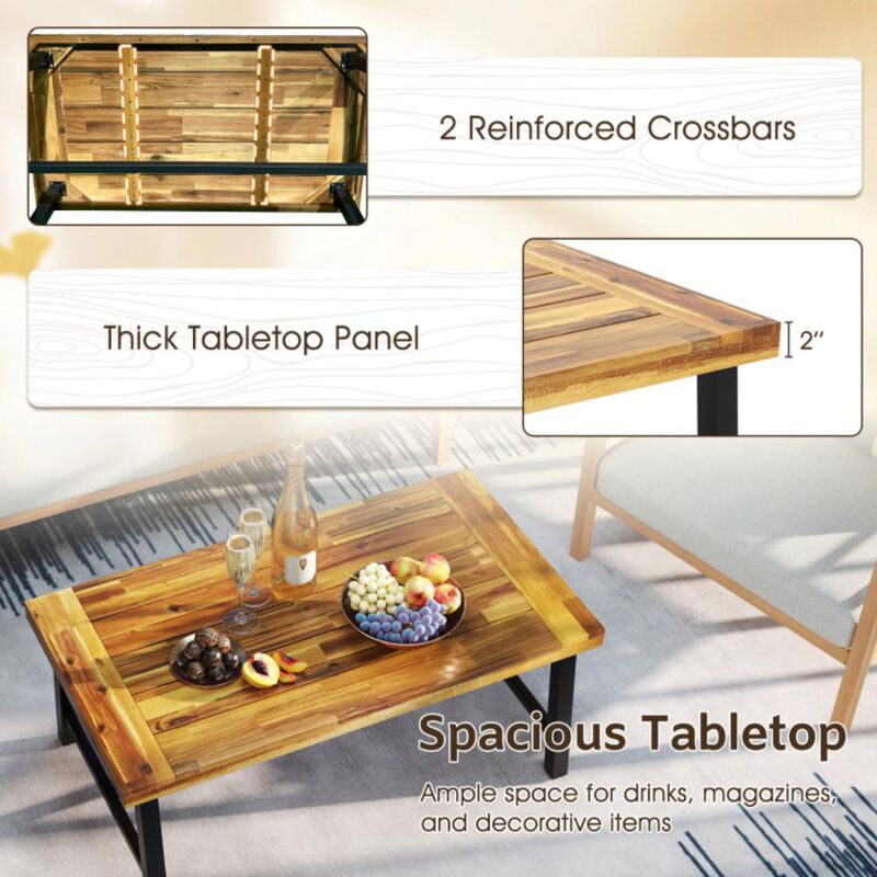 Hivvago Acacia Wood Coffee Table with Thickened Top and Heavy-duty Metal Legs