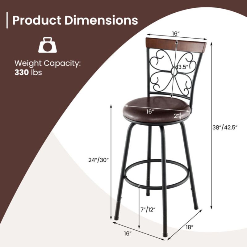 Hivvago 2 Pieces 24-30 Inch Adjustable PU Cushioned Swivel Barstools