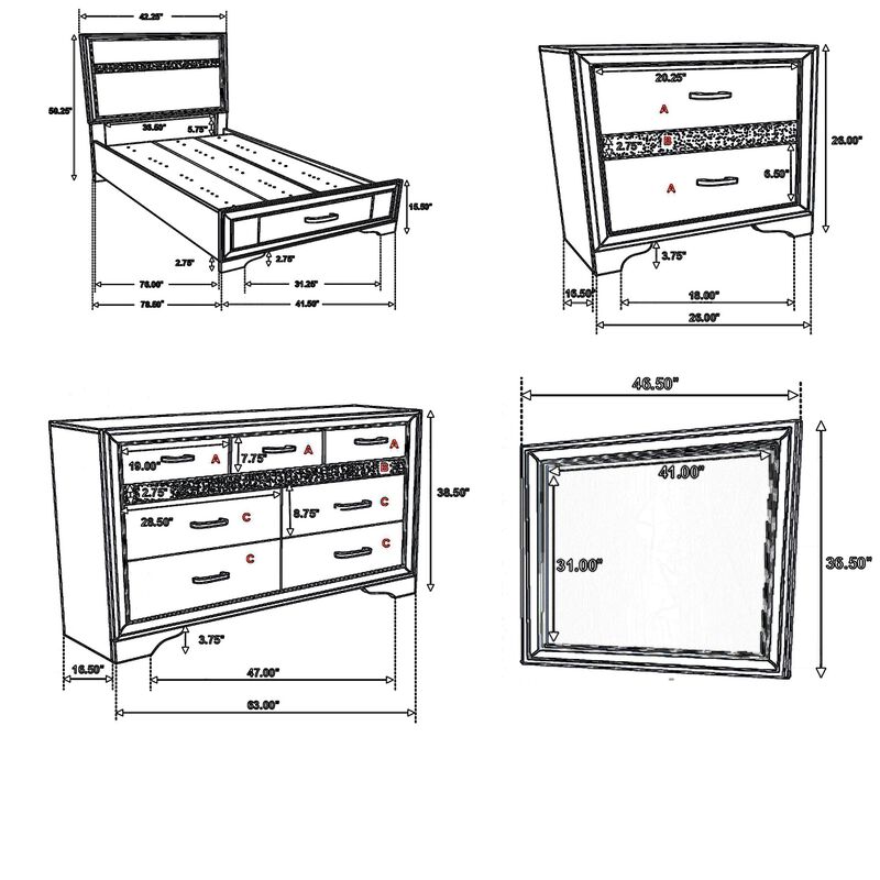Vino 4pc Twin Bedroom Set, Storage Footboard, Black, Glitter Stripes