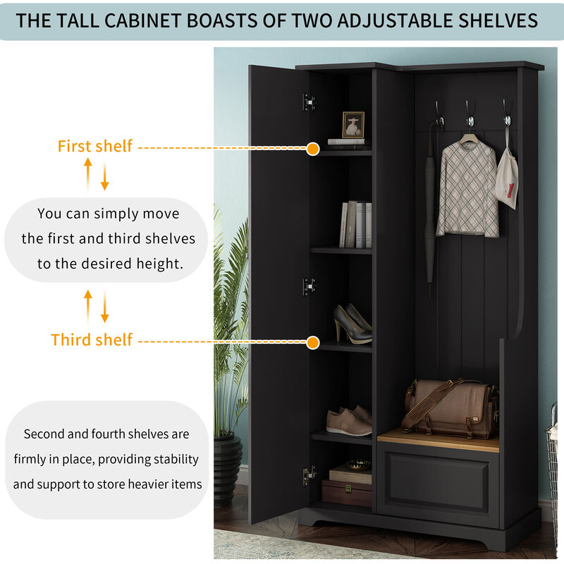 Merax Entryway Hall Tree with Flip-Up Storage Bench, 3 Hooks, 2 Adjustable Shelves image number 7