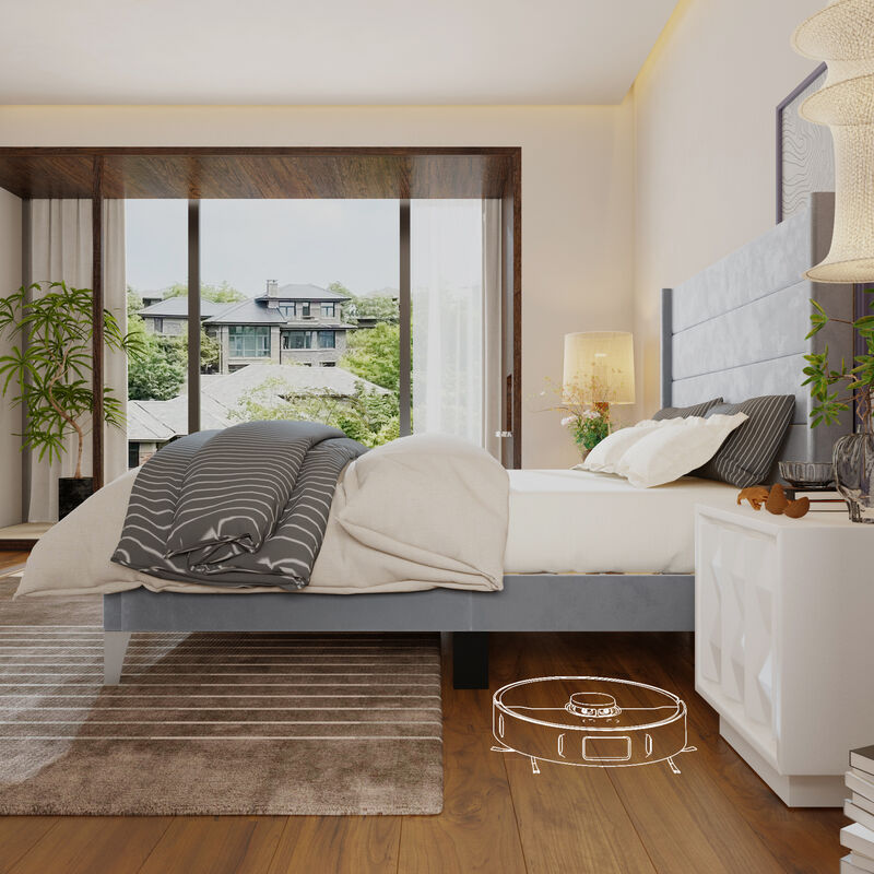 FUFU&GAGA Gray Upholstered Platform Bed with Padded Headboard, Reinforced Slat Support & Elevated Legs, Queen Size Bed Frame (83.5 in. L x 63.8 in. W x 55.3 in. H)