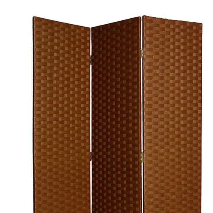 Wooden Foldable 3 Panel Room Divider with Streamline Design, Dark Brown-Benzara