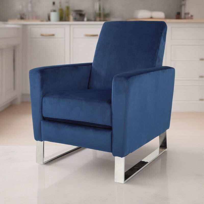 Reki Recliner Chair, Manual Push Back, Stainless Steel, Blue Velvet - Benzara