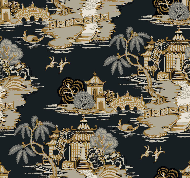 Pagoda And Sampan Scenic Black Wallpaper