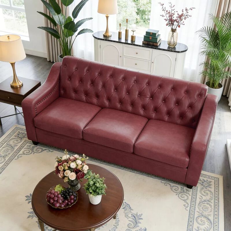 Vipbear 78.7" Chesterfield Faux Leather Sofa, 3 Seater Brown PU Couch Nailhead Trim for Living Room image number 9