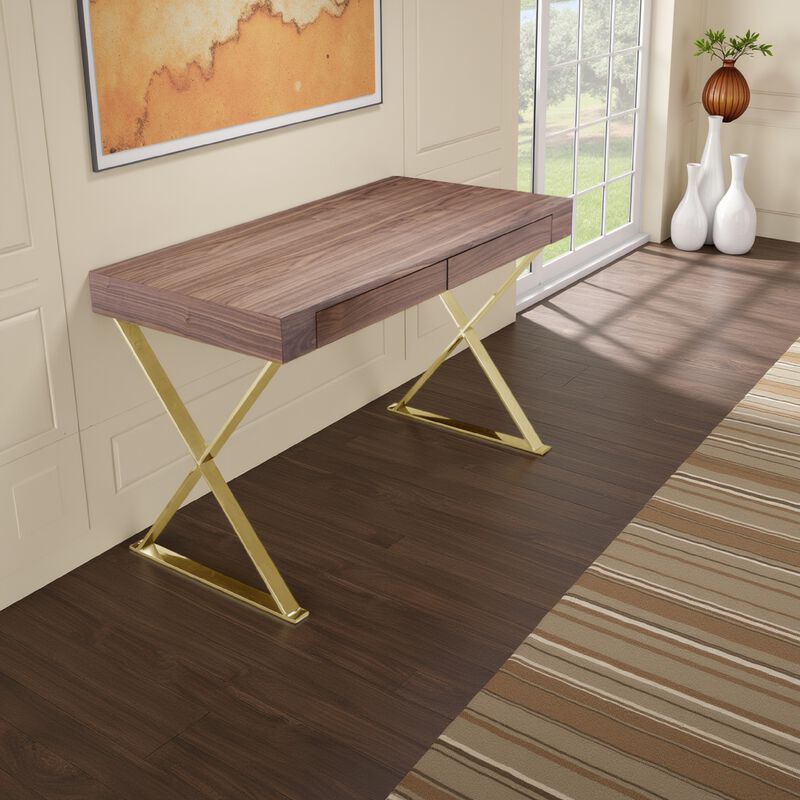 Ada Office Desk, 2 Drawers, Walnut Brown, Gold X Steel Legs, 47 Inch - Benzara