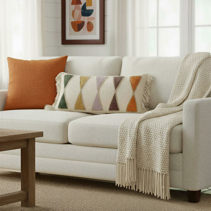 Embroidered Cotton Lumbar Pillow with Fringe, Earthen Multicolors