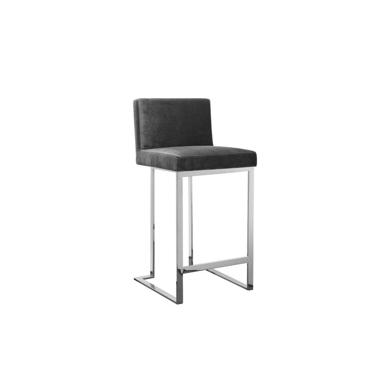 Boly 26 Inch Counter Height Chair, Gray Velvet, Foam Cushions, Chrome Steel - Benzara