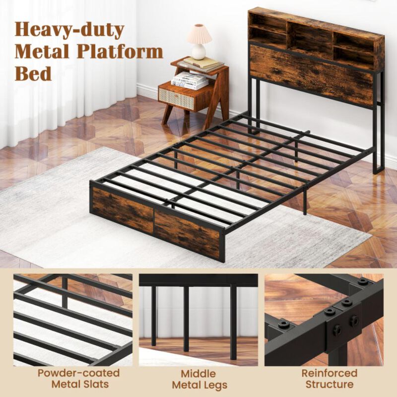 Hivvago Full Size Bed Frame with Storage Headboard Industrial Metal Platform Bed