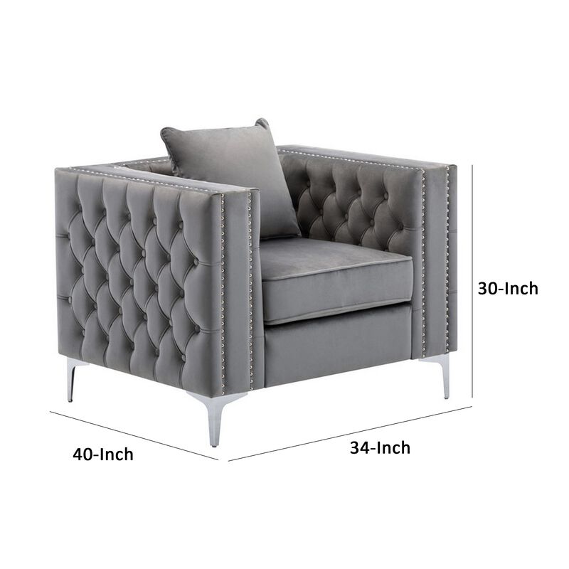 Joni 40 Inch Armchair, Chesterfield Design, Button Tufting, Gray Velvet