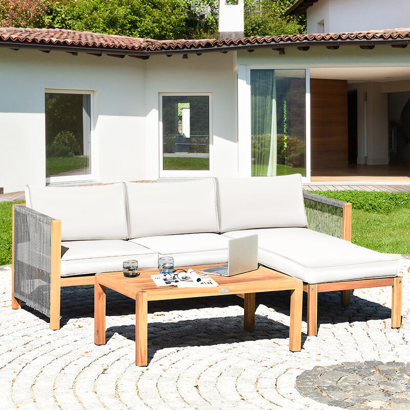 3 Pieces Patio Acacia Wood Sofa Furniture Set with Nylon Rope Armrest-White