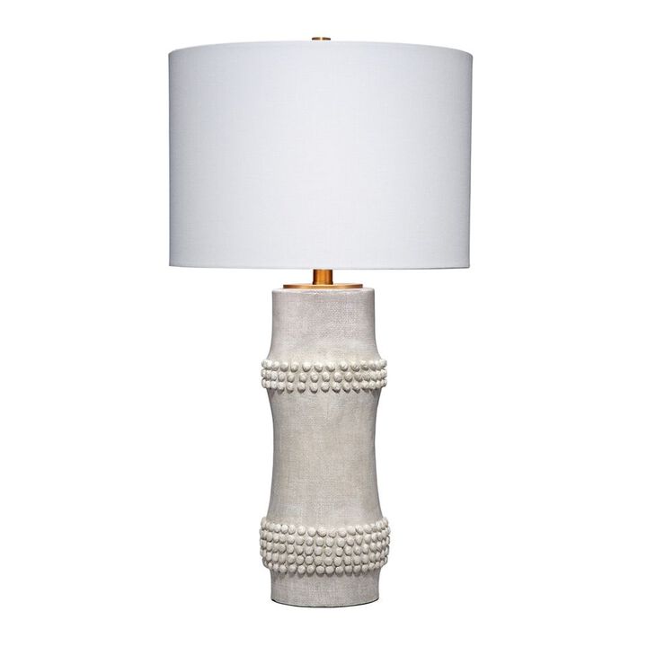 Lemy 28 Inch Table Lamp, Round Linen Drum Shade, Dotted White Base - Benzara