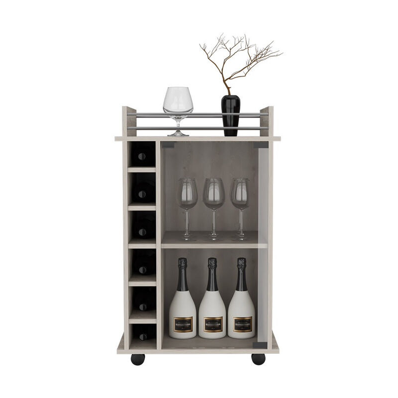 DEPOT E-SHOP Huali Bar Cart, Six Built-in Wine Rack, Glass Door, Four Casters, Two Shelves, Light Gray