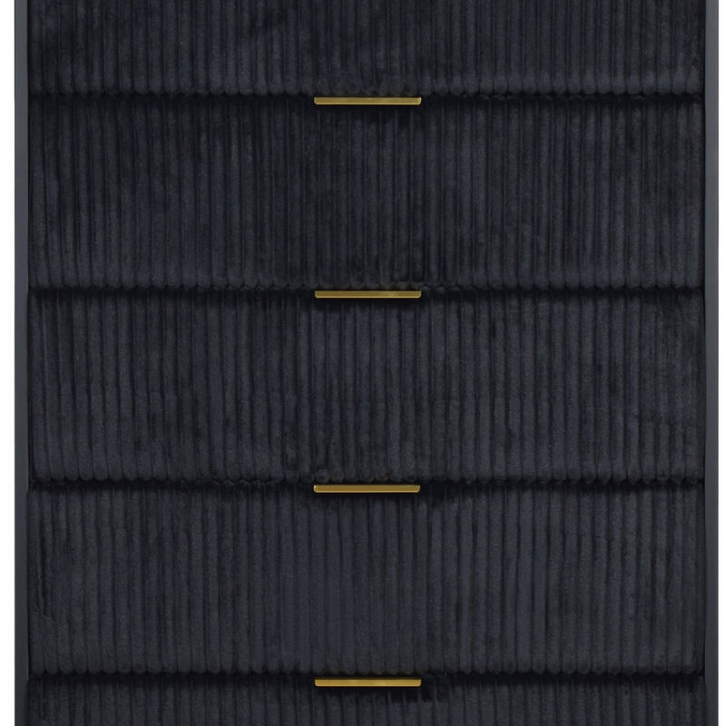 Moko 51 Inch Tall Dresser, 5 Soft Upholstered Drawers, Black, Gold