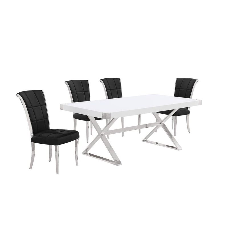 Best Quality Furniture 5pc Small(78) white wood top dining set with silver base and 4 chairs