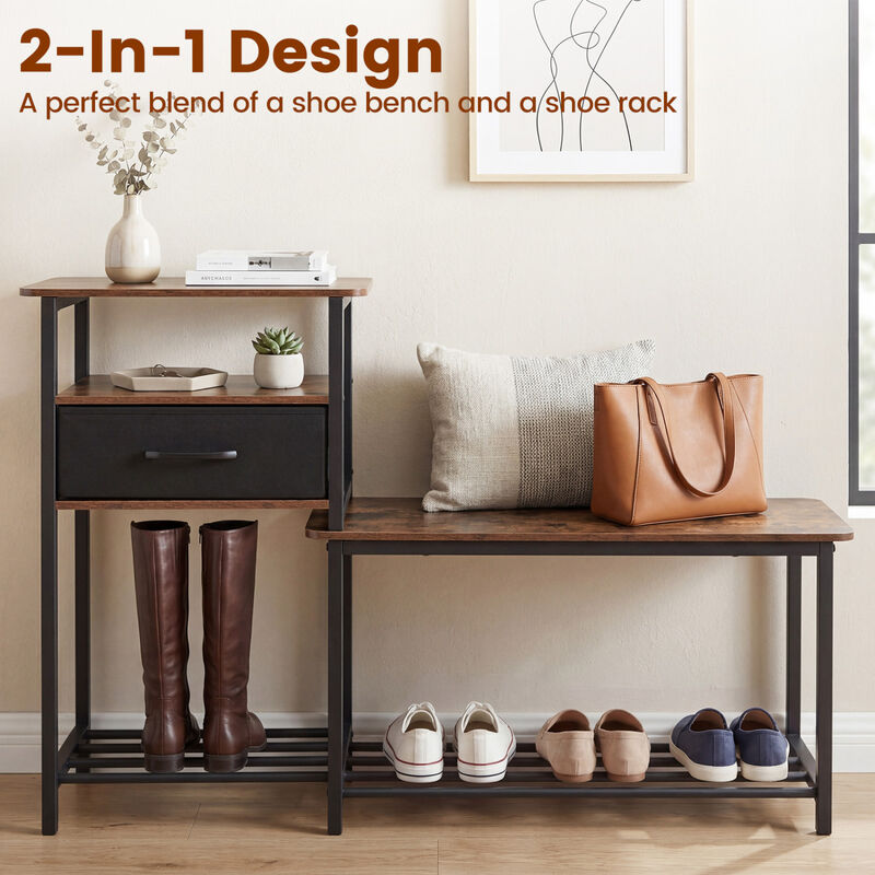 Modern Shoe Storage Rack Bench with Drawer and Metal Frame - Rustic Brown image number 6