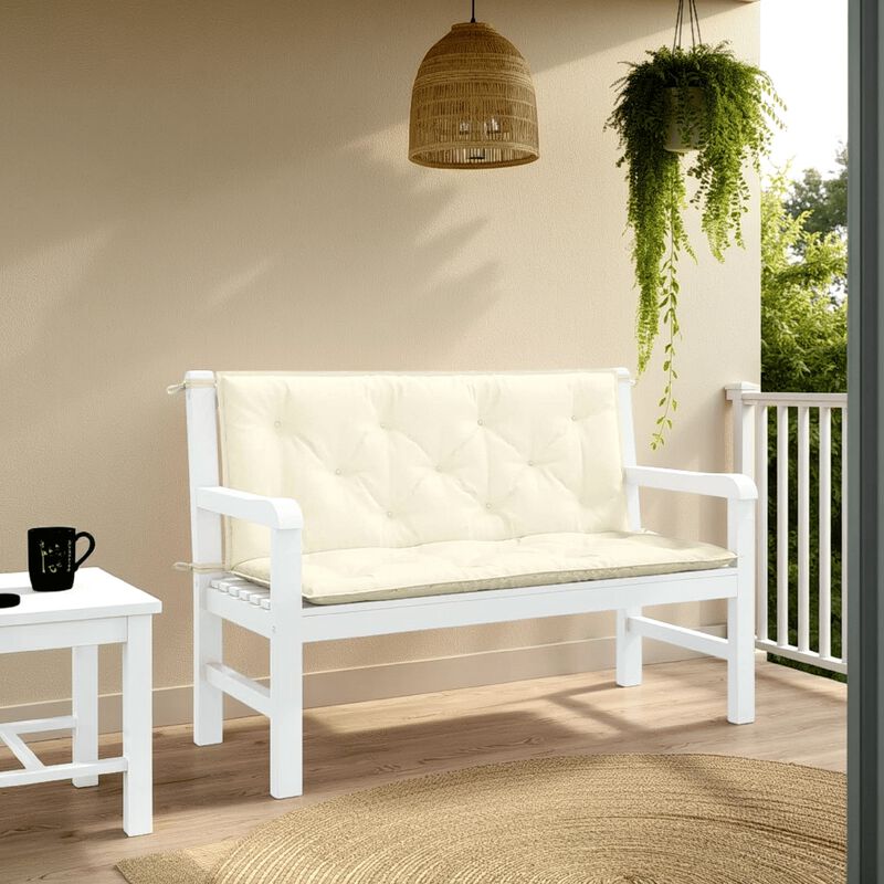 Claire 2pc Outdoor Cushion for Bench, Tufted White Oxford Fabric - Benzara