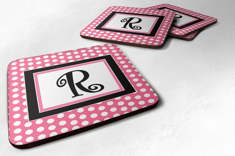 Caroline's Treasures CJ1001-RFC Monogram-Pink Black Polka Dots Foam Coasters (Set of 4), Initial Letter R, 3.5 H x 3.5 W, Multicolor