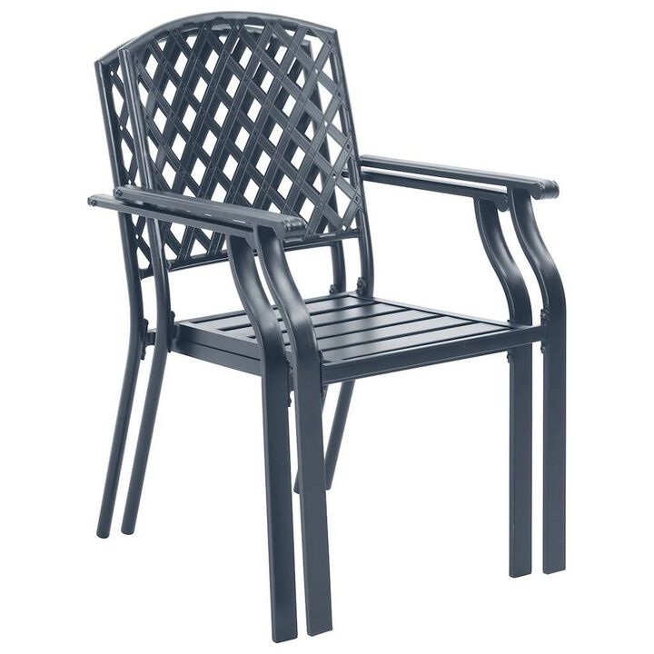 Stackable Outdoor Dining Chair Set of 2, Mesh Black Steel, 17 Inch - Benzara