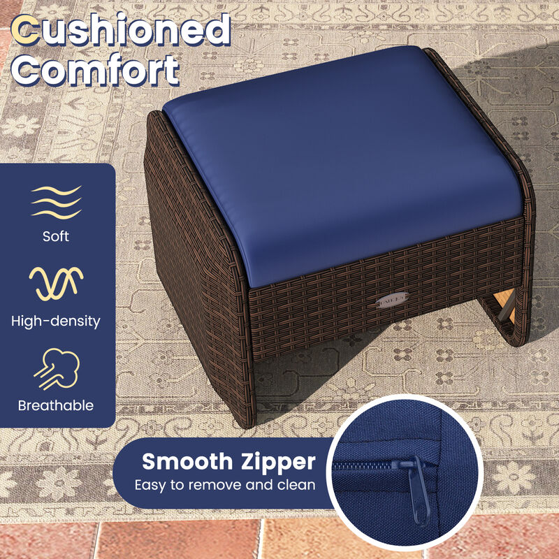 Wicker Ottoman Set of 2 for Outdoor Use with Removable Cushions