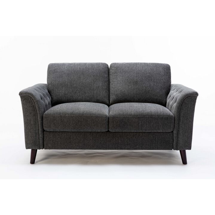 Sen 61 Inch Plush Loveseat with Tufted Arms, Padded, Gray Linen, Solid Wood - Benzara