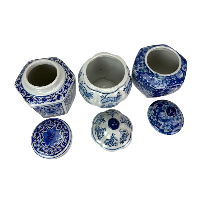 Decorative Jars Set Of 3 Blue White Chinoiserie Porcelain Lidded 675 In image number 2