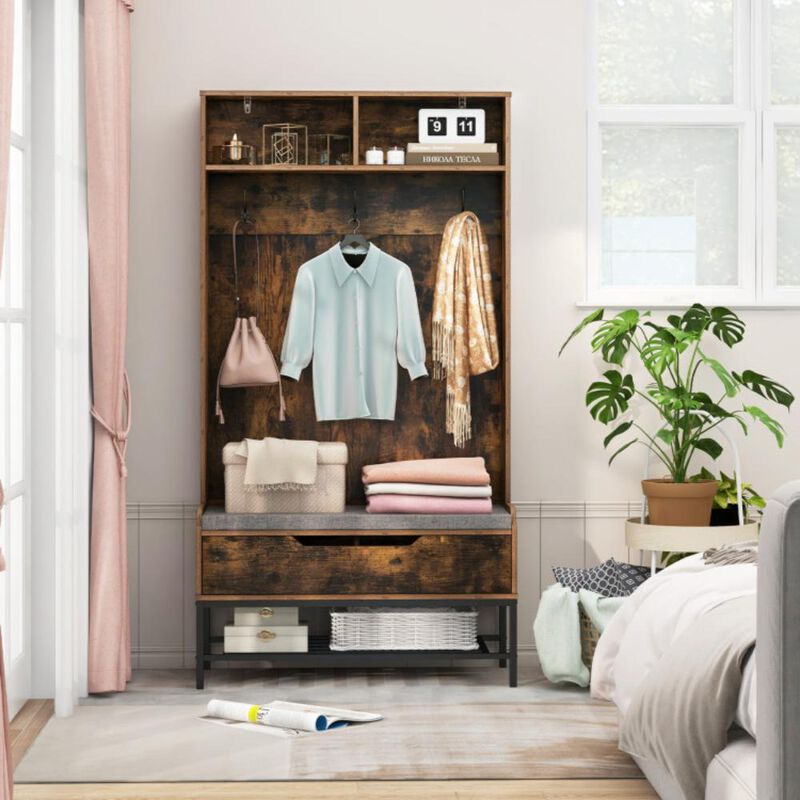 Hivvago Tall Hall Tree 4-in-1 Coat Rack with Seat Cushion and Shoe Storage