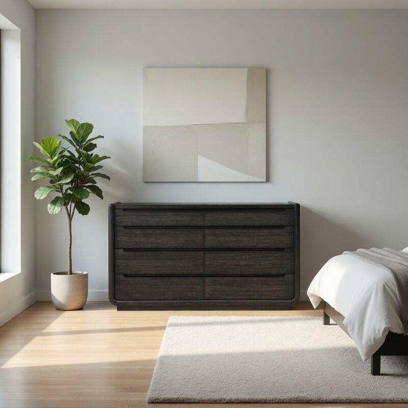 Lina Wide Dresser with 8 Drawers, Integrated Handles, Black Wood image number 8