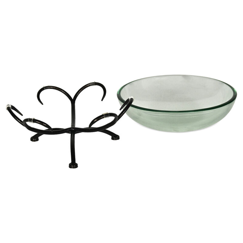HomeRoots 13" Clear And Black Glass And Metal Round Decorative Bowl With Stand image number 0