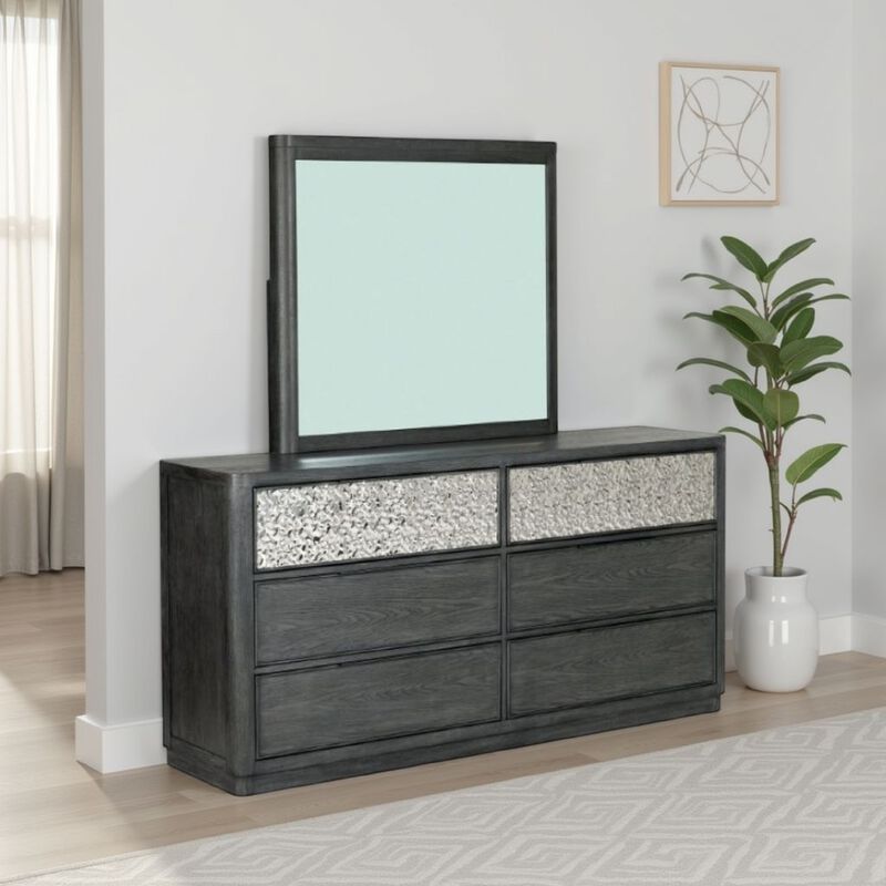 Zoko Wide Dresser with 5 Drawers, Textured Metal Accents, Ash Gray - Benzara