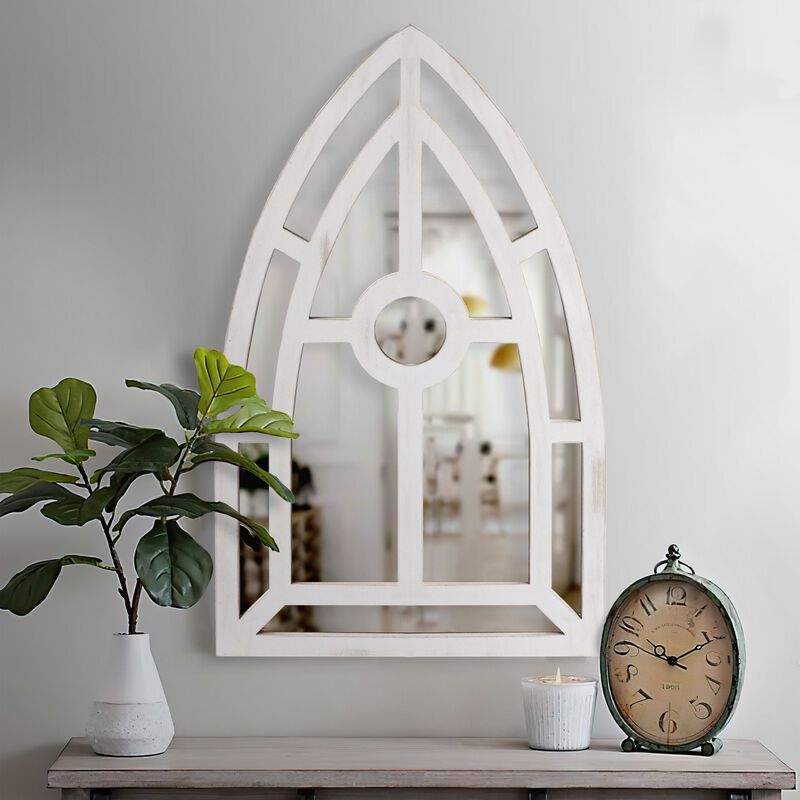 Arched Window Pane Wooden Wall Mirror with Trimmed Details, Silver-Benzara