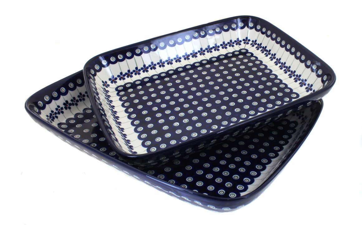 Blue Rose Polish Pottery Flowering Peacock Rectangular Baker Set