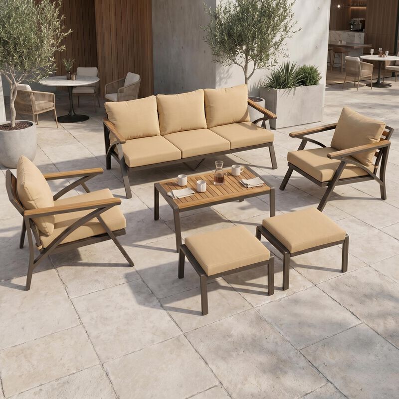 Merax 6-Piece Patio Conversation Set with Acacia Wood, Steel Frame & Removable Cushions image number 2