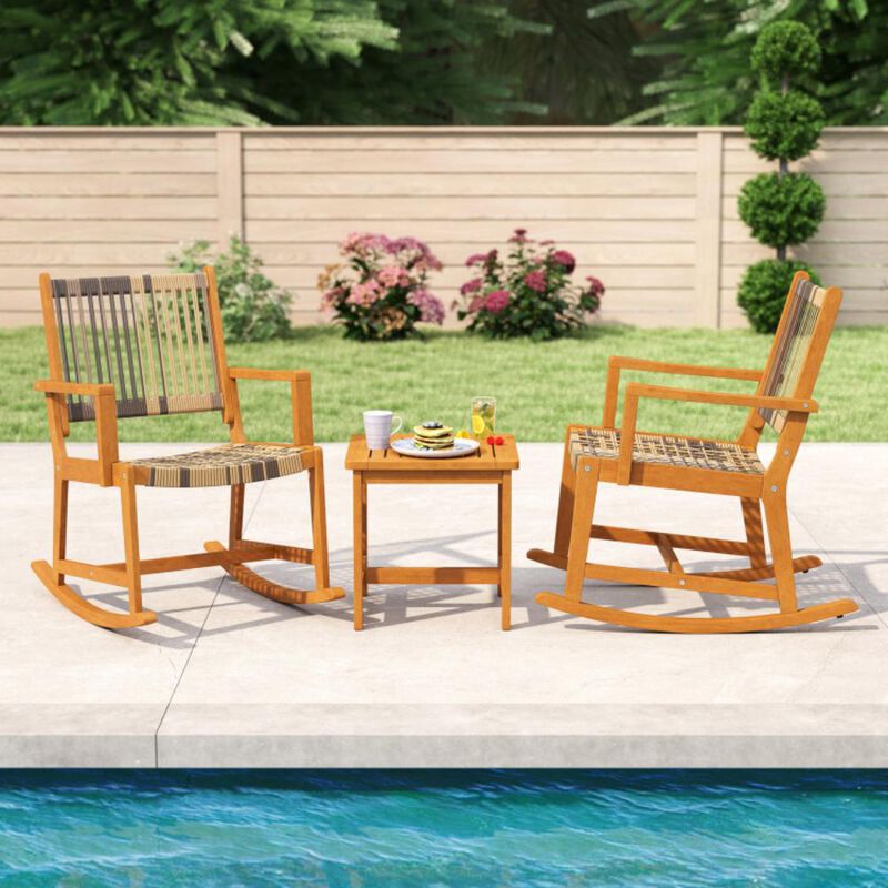 Hivvago 3 Piece Patio Rocking Set Acacia Wood Rocker Bistro Set with Rattan Seat and Back