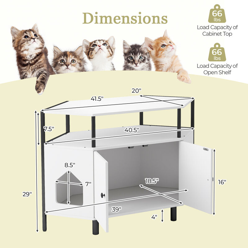 Corner Cat Litter Box Enclosure with Open Shelf 2 Entrances and Metal Legs
