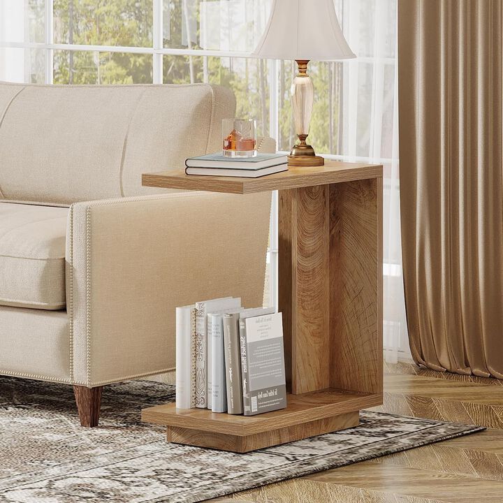 Tribesigns C Shaped End Table, Wood Side Table with 2 Shelves, Slim Nightstand Bedside Table for Living Room and Bedroom, Small Side Table Slides Over Sofa or Bed, Brown, 150 lb Capacity