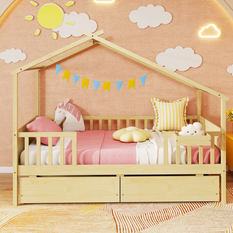 Twin Size House Bed with Roof, Fence Rails and 2 Storage Drawers image number 3