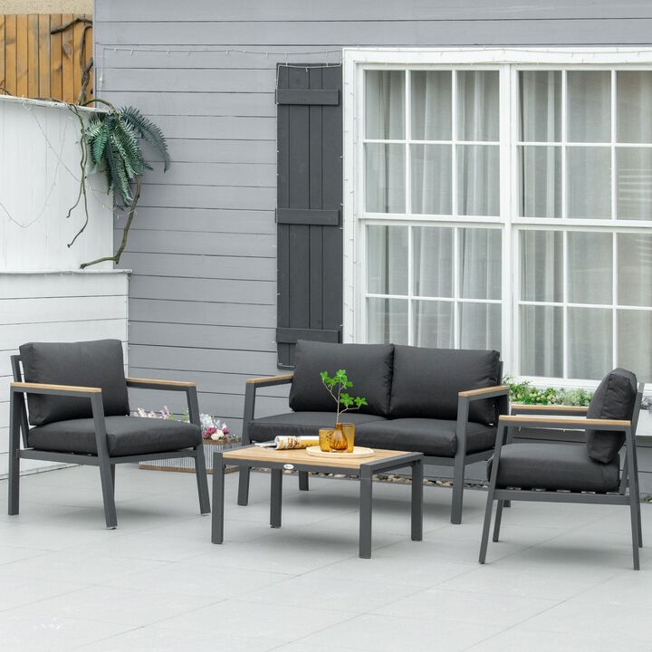 4 Piece Patio Furniture Set Aluminium Conversation Set Outdoor Garden Sofa Set w/ Loveseat, Center Coffee Table & Cushions, Grey