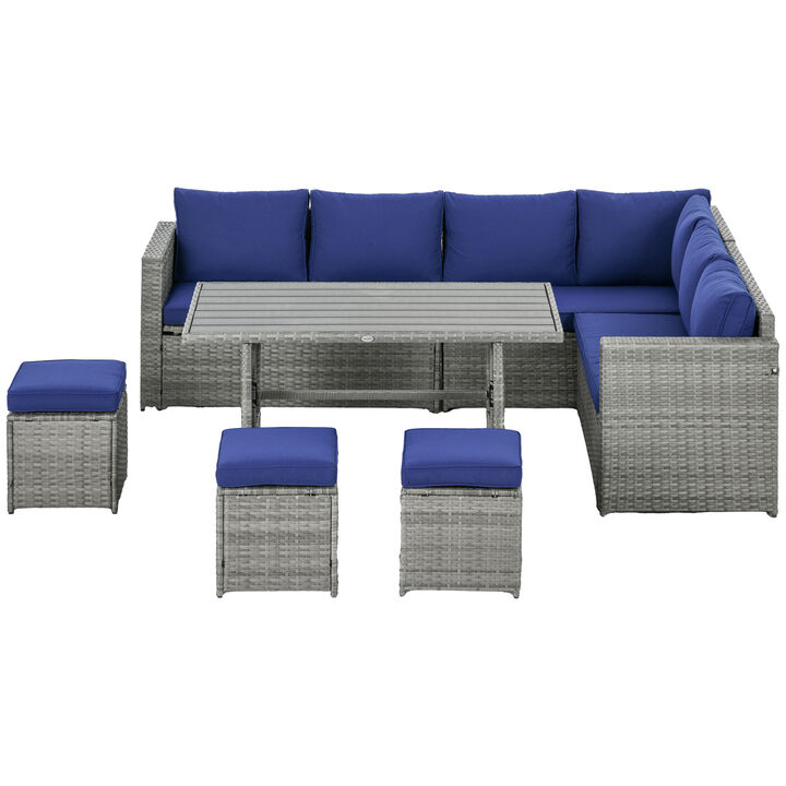 Outsunny 7 Piece Rattan Outdoor Patio Furniture Set, L-Shaped Sectional Sofa Conversation Set with Loveseats, Ottomans, Dining Table, Cushions, Storage, Dark Blue
