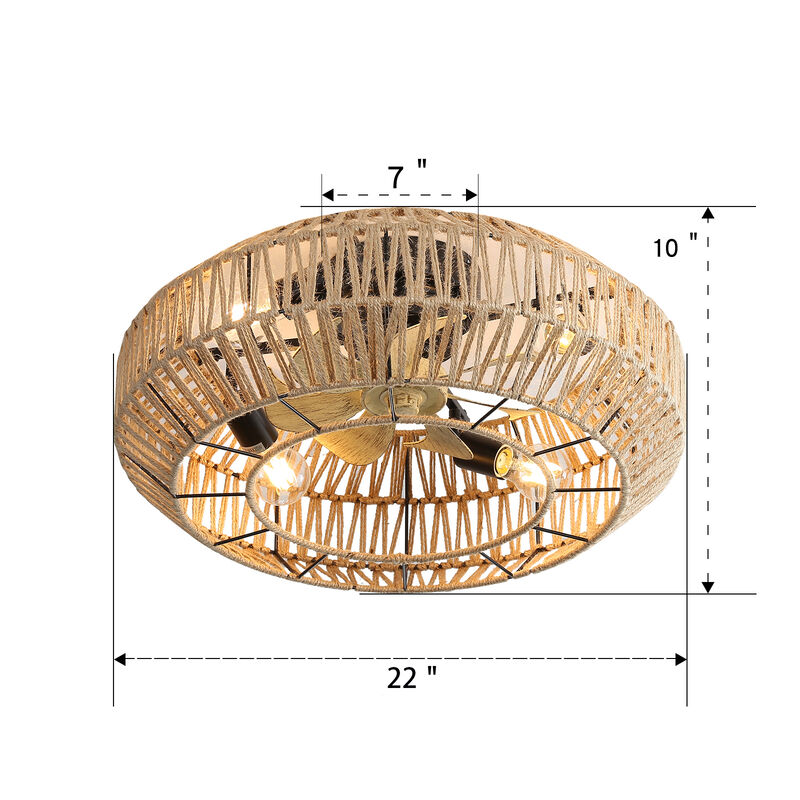 22 Inch Boho Caged Ceiling Fan With Enclosed Rattan 6 Speeds Remote Control Reversible DC Motor image number 3