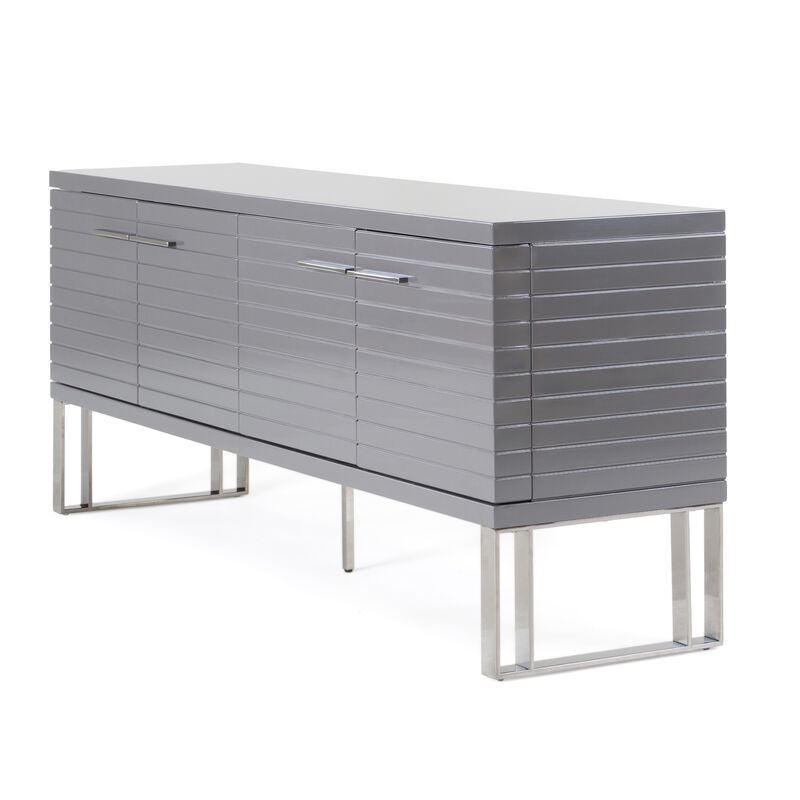 Cid Resu Sideboard Buffet Cabinet, 4 Doors w Slatted Design, 79 Inch, Glossy Gray