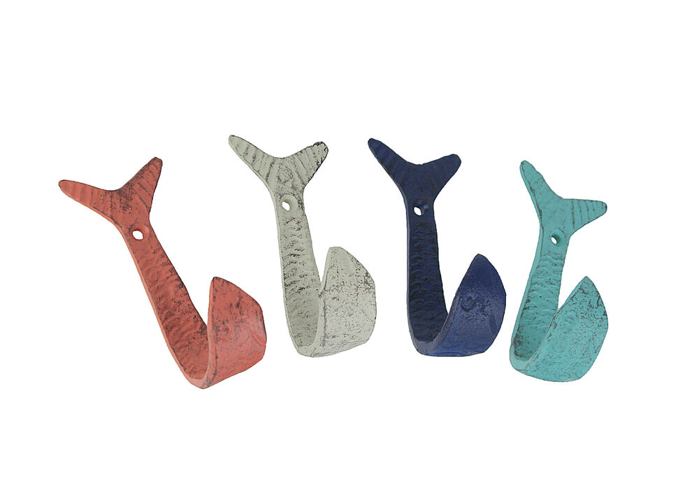 Set of 4 Cast Iron Flipping Fish Wall Hooks 4 Inches Long&ndash; Easy to Hang - Coastal Decor Perfection for Beach Towel Hanging and Rustic Key or Coat Rack Needs