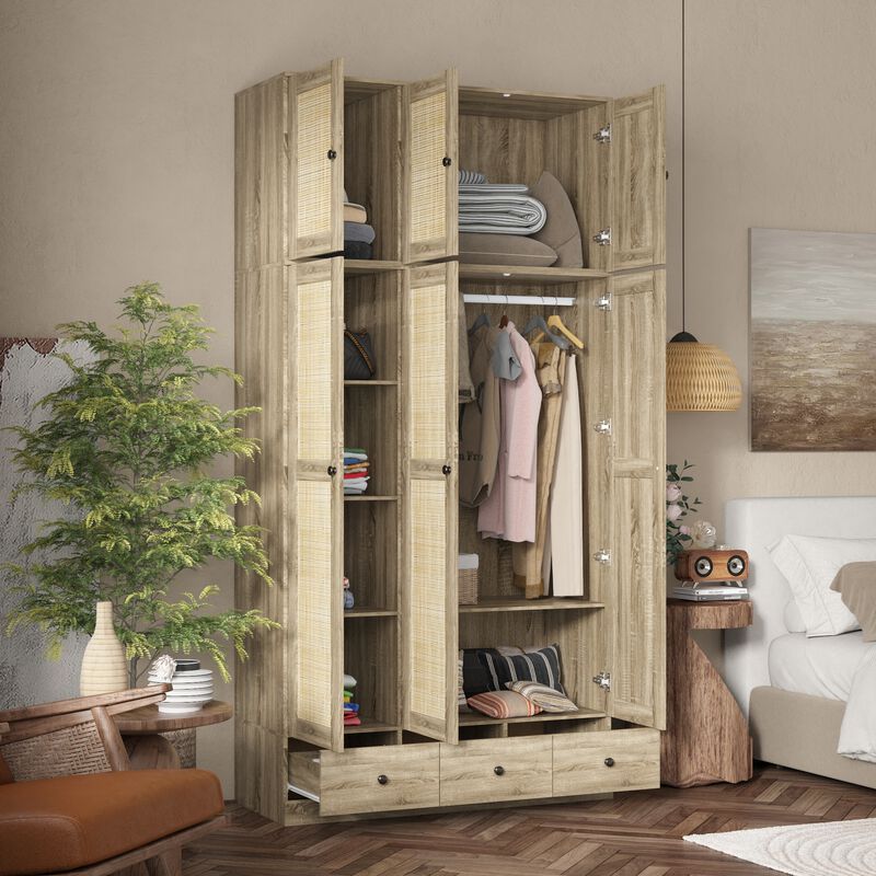 FUFU&GAGA Natural Wood Wardrobe with Shelves, Drawers, and Hanging Space, (47.2" W x 18.9" D x 94.5" H)，Brown