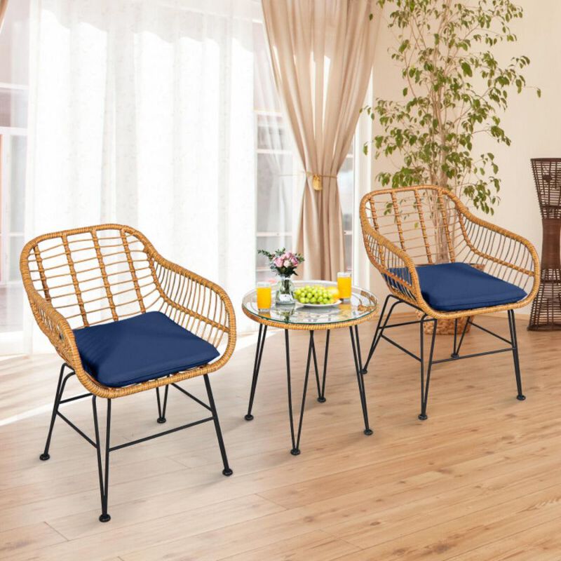 Hivvago 3 Pieces Rattan Furniture Set with Cushioned Chair Table
