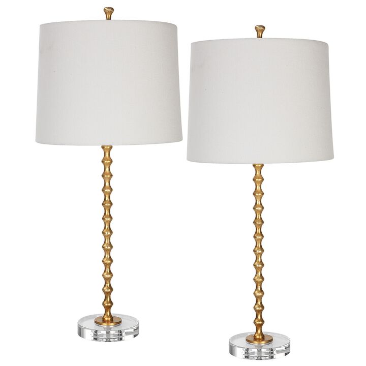 29 Inch Table Lamp, Set of 2, White Tapered Shade, Gold Leaf, Round Base - Benzara