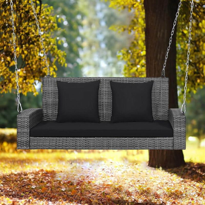 Mondawe 2-Person Patio PE Wicker Hanging Porch Swing Bench Chair Cushion 800 Pounds